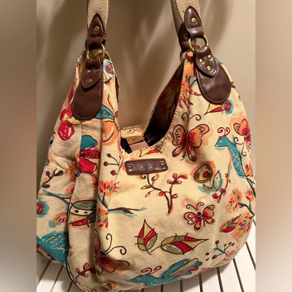 Lucky Brand Large Canvas Floral Bird Butterfly Hobo Bag - Picture 3 of 12